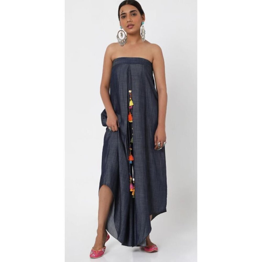 Style Junkiie Women's Blue Denim Tassel Jumpsuit Off the Shoulder Size 10 NWOT